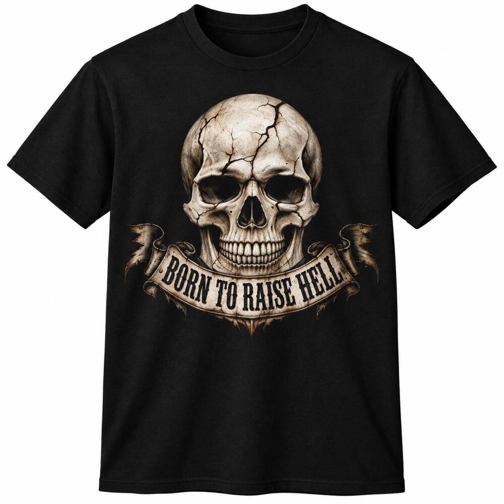 Born To Raise Hell Skull T-Shirt, Gothic Biker Graphic Tee, Cracked Skull